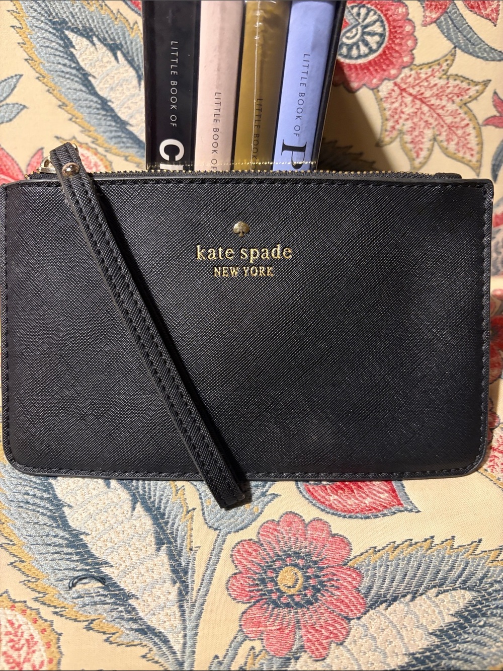 kate spade black Saffiano Wristlet Clutch with Gold Logo